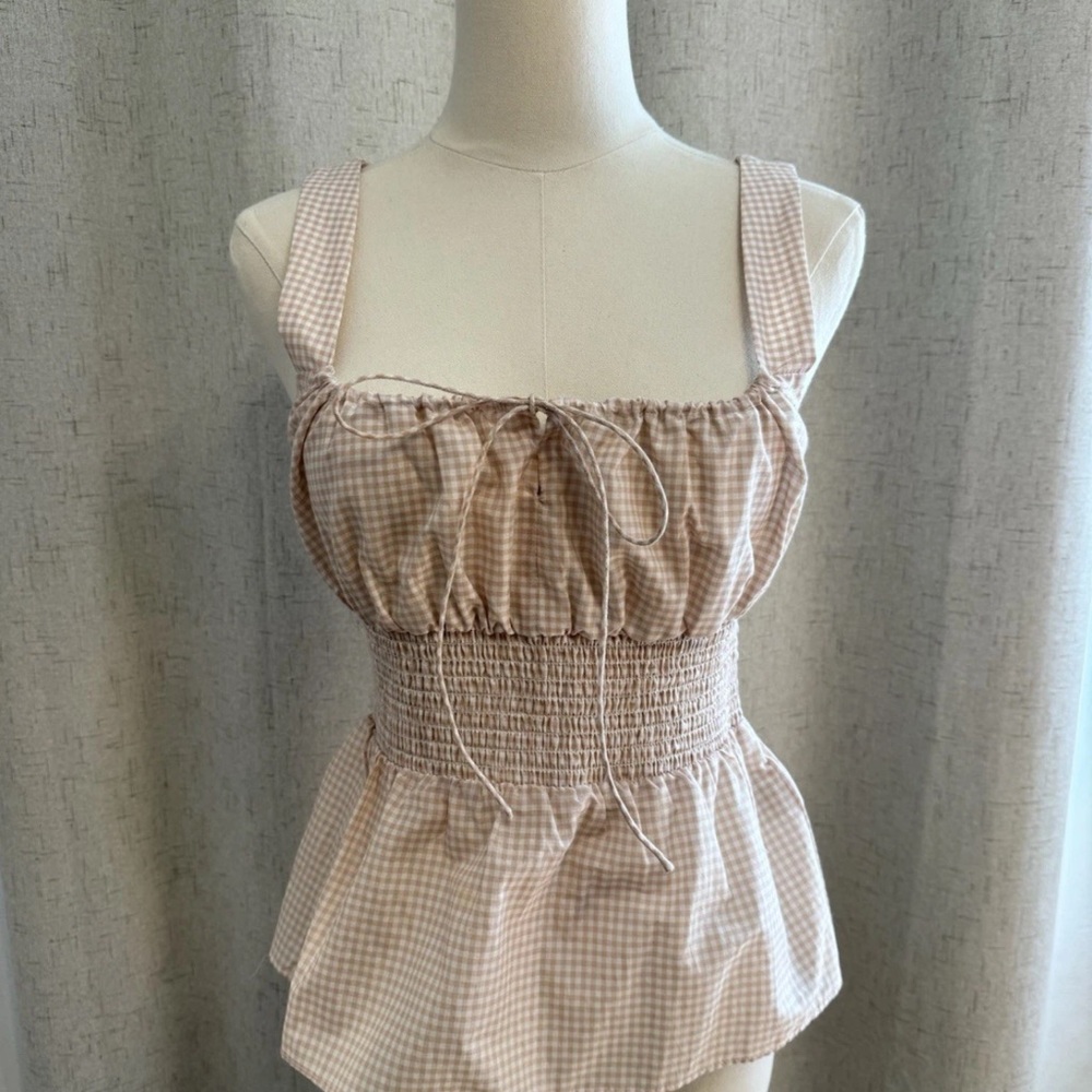 J. Crew Beige Gingham Smocked Peplum Tank Top